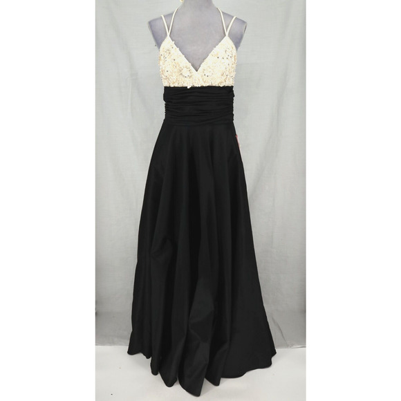 JS Collections Gown Womens 8 Black Ivory Beaded Ruched Lined Strappy Dress New - Picture 1 of 16